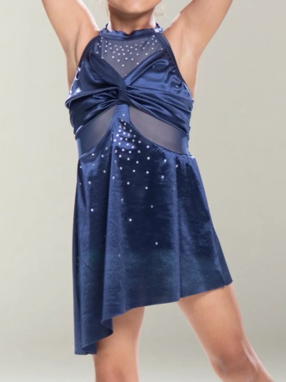 Navy Blue Asymmetric Dance costume  with Mesh and Rhinestones